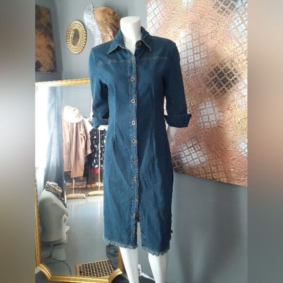 Vintage Stretch Cotton Dark Wash Denim Midi Dress - Picture 2 of 16